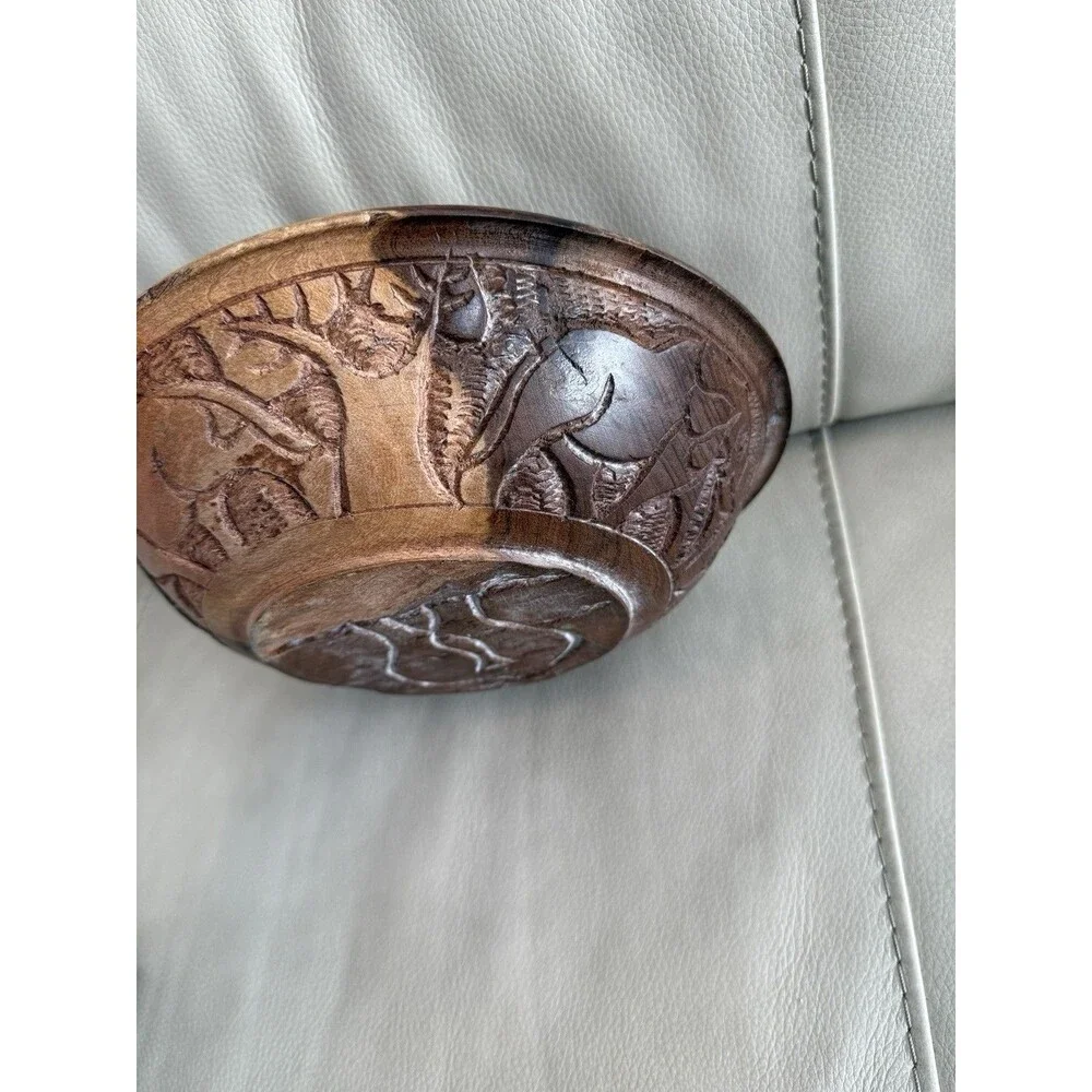 Vintage Hand Carved Wooden Bowl African Wildlife Unique Two Tone EUC